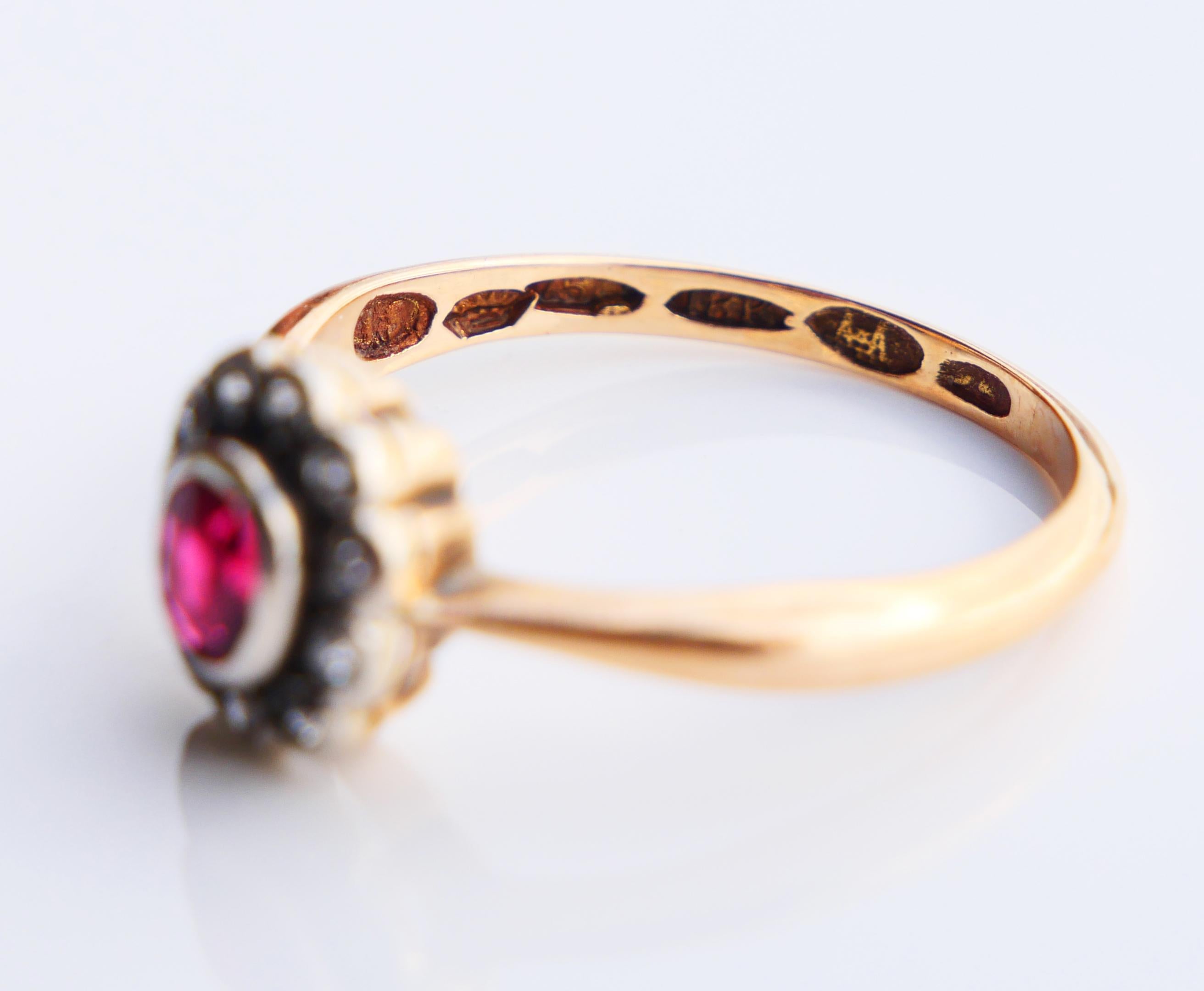 1914 Bague Halo Rubis Diamant Or Jaune 18K Ø US7 / 2.8gr en vente 8