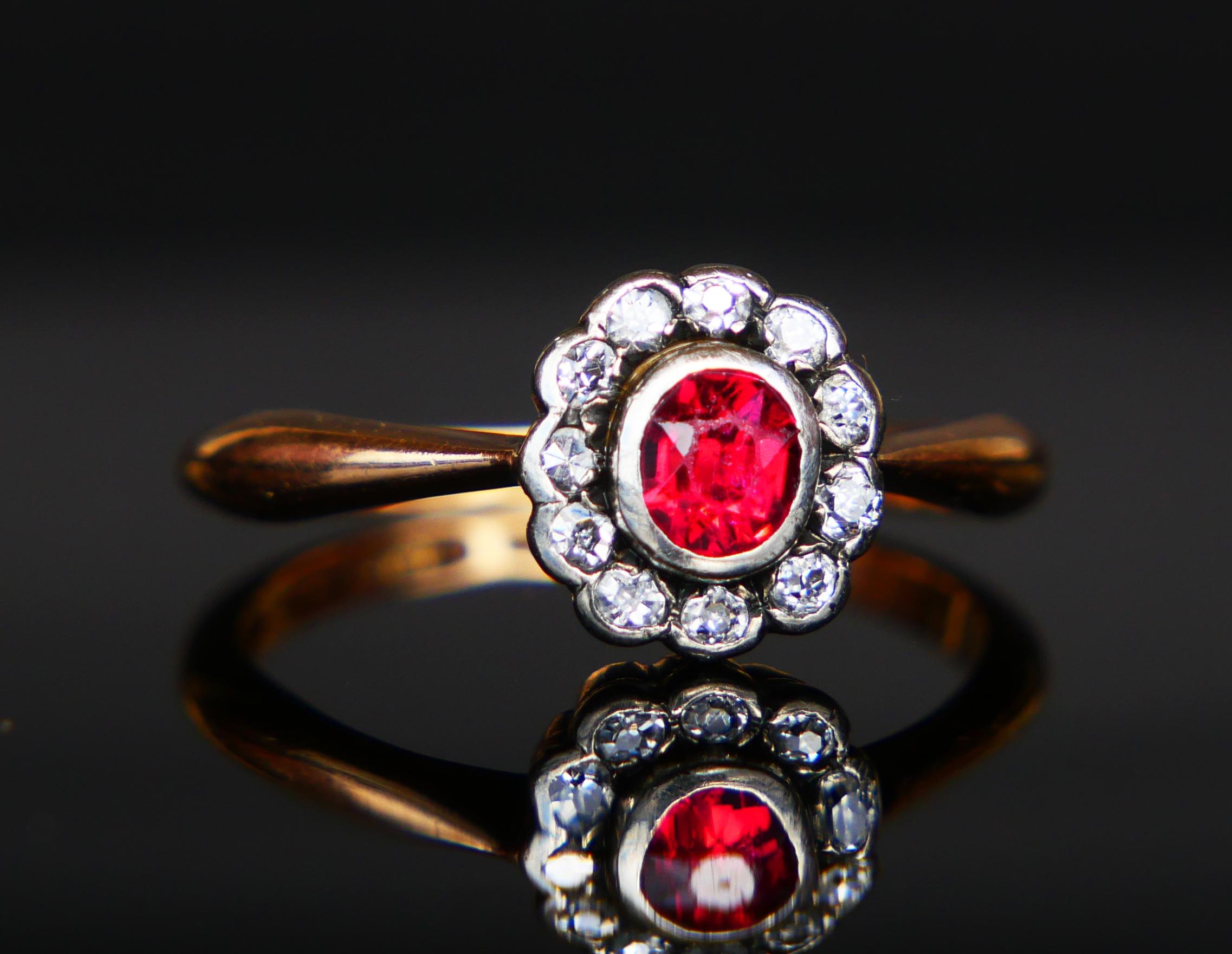 Art nouveau 1914 Bague Halo Rubis Diamant Or Jaune 18K Ø US7 / 2.8gr en vente