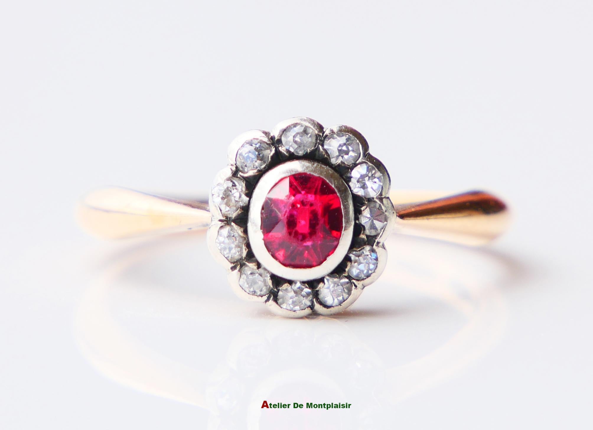 1914 Bague Halo Rubis Diamant Or Jaune 18K Ø US7 / 2.8gr en vente 3
