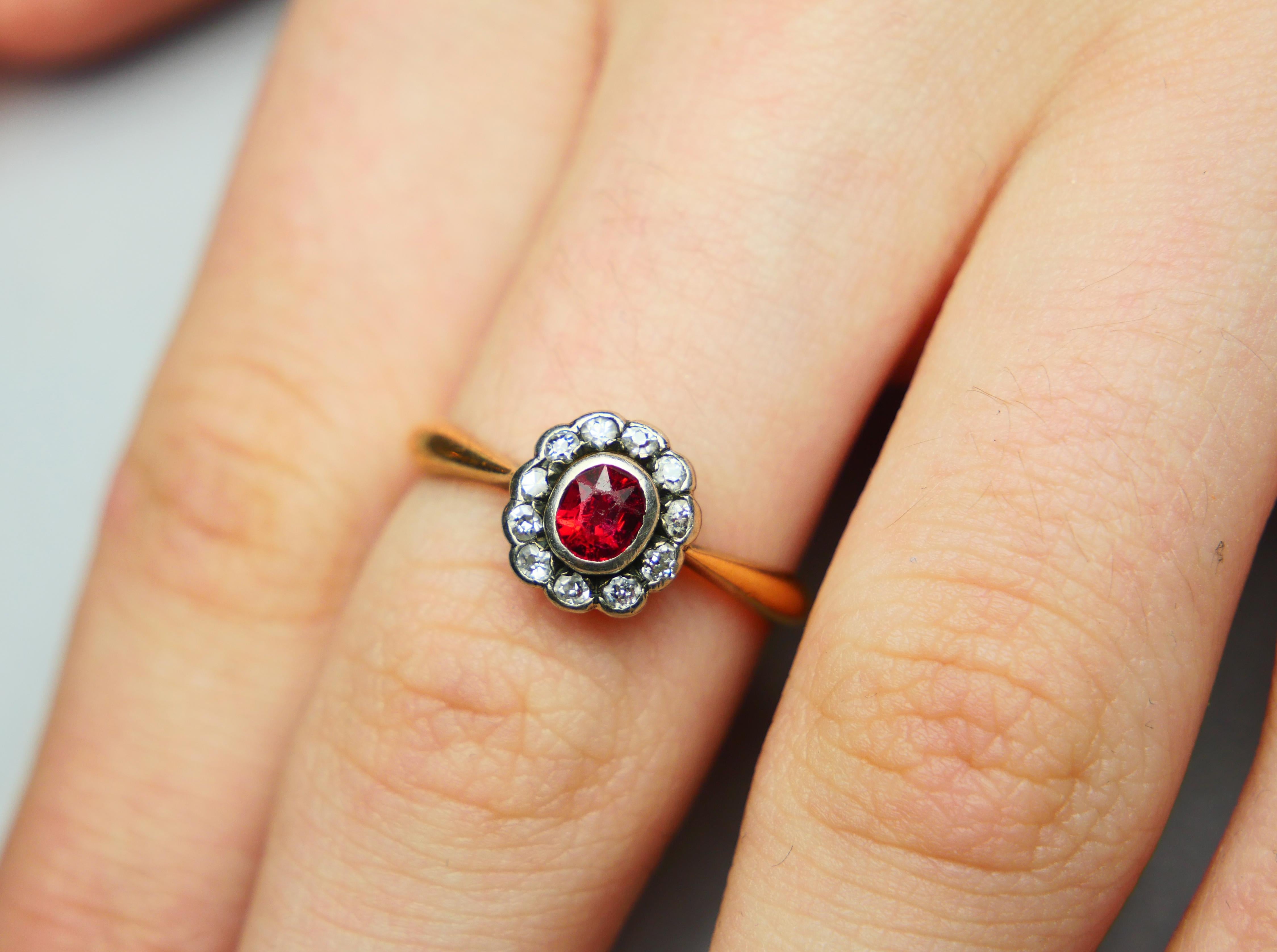 1914 Bague Halo Rubis Diamant Or Jaune 18K Ø US7 / 2.8gr en vente 3