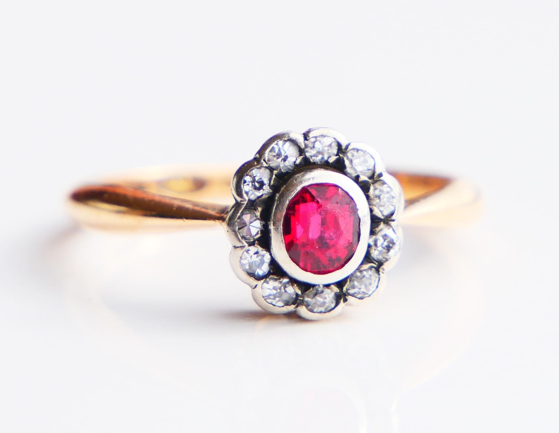 1914 Bague Halo Rubis Diamant Or Jaune 18K Ø US7 / 2.8gr en vente 4