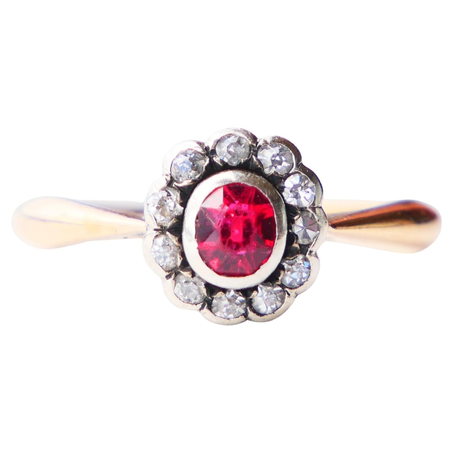 1914 Anillo Halo Rubí Diamante Oro Amarillo 18K Ø US7 / 2.8gr