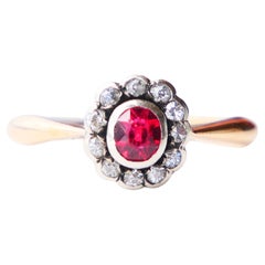 1914 Anillo Halo Rubí Diamante Oro Amarillo 18K Ø US7 / 2.8gr