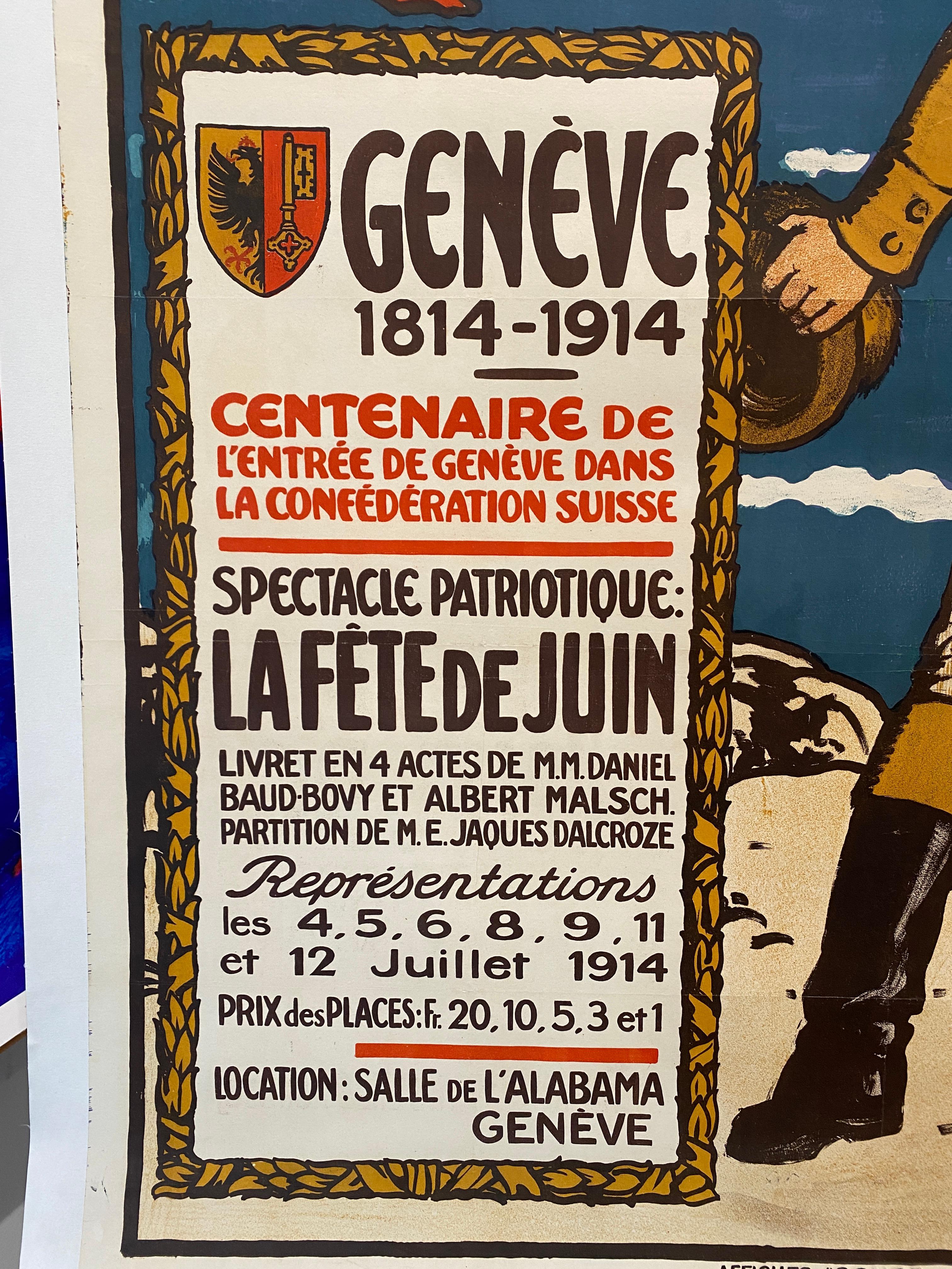 1914 Cartel original, Centenario de la entrada de Ginebra en la Confederación Helvética Victoriano temprano en venta