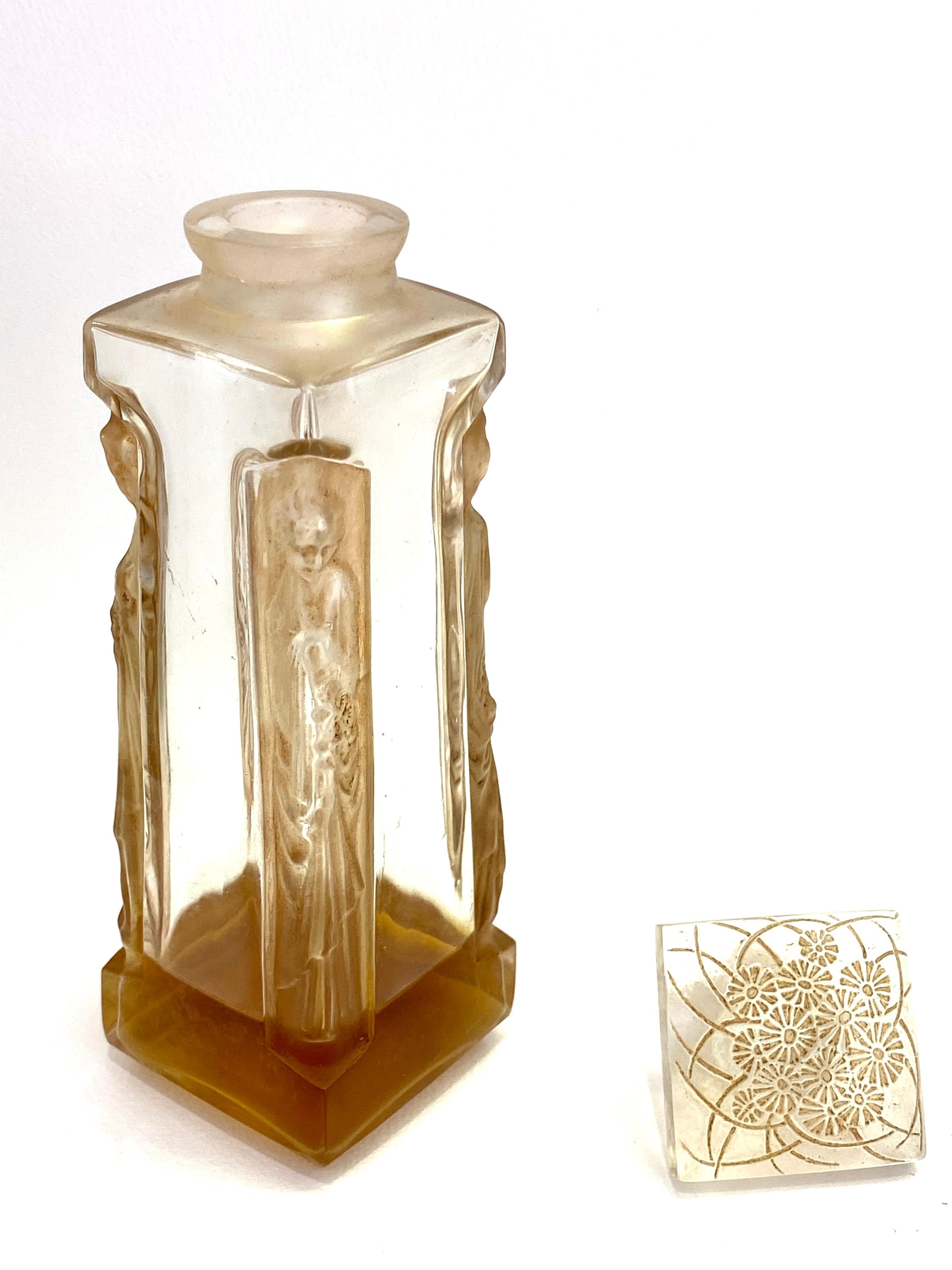 French 1914 Rene Lalique Ambre Perfume Bottle D'Orsay Frosted Glass Sepia Patina