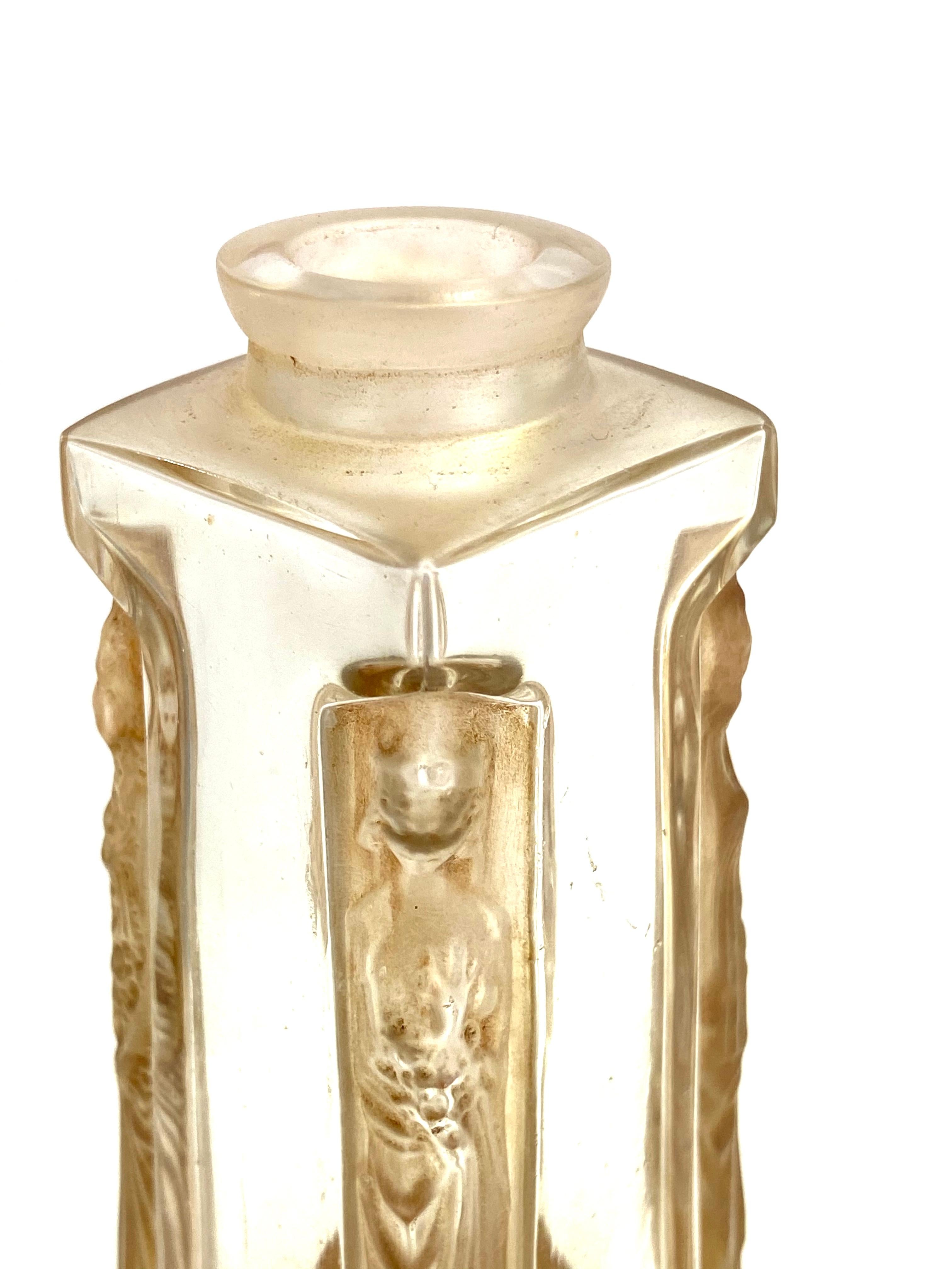 Molded 1914 Rene Lalique Ambre Perfume Bottle D'Orsay Frosted Glass Sepia Patina