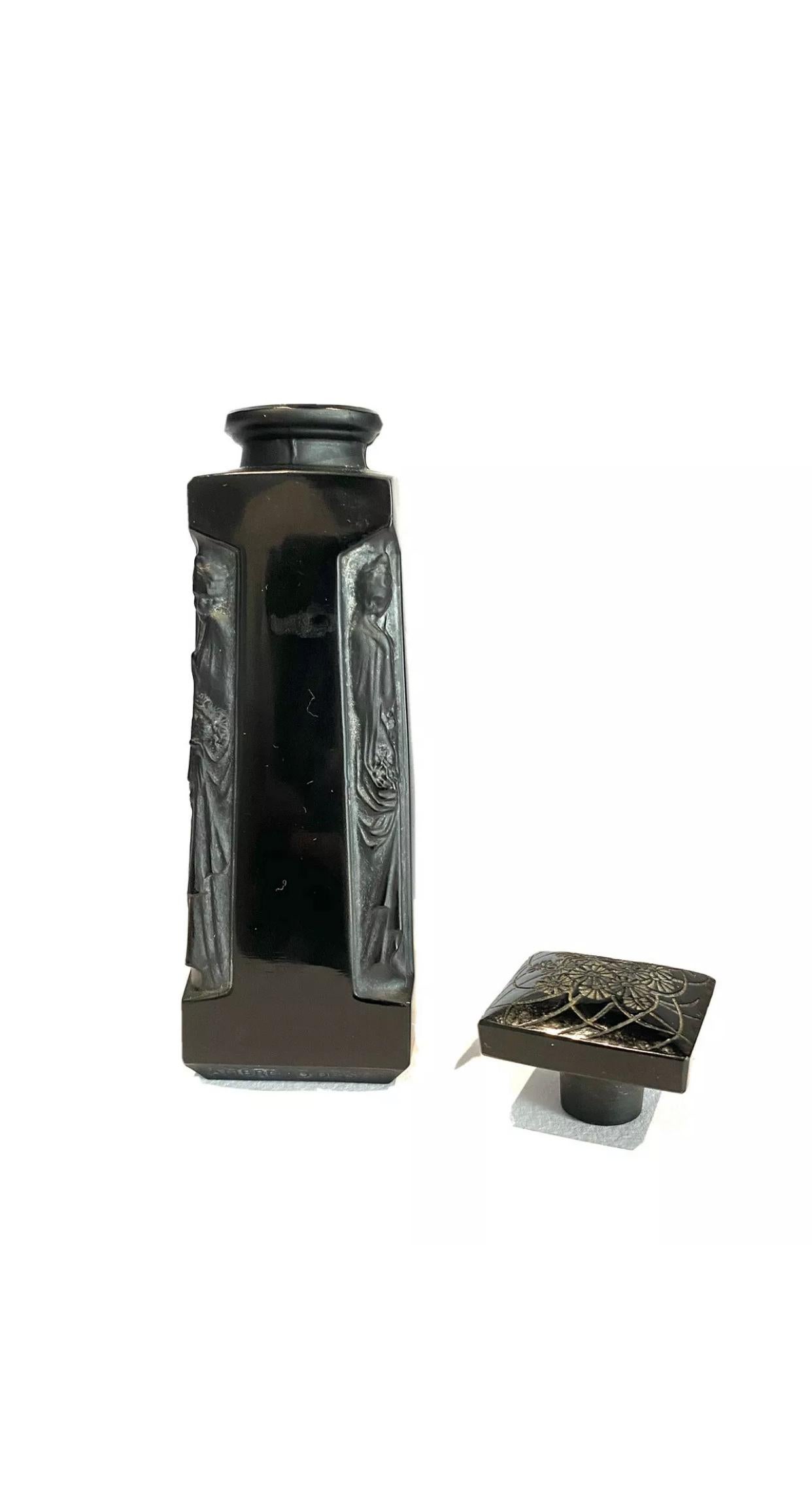 Art Deco 1914 René Lalique Ambre Perfume Bottle D'Orsay Black Glass White Patina
