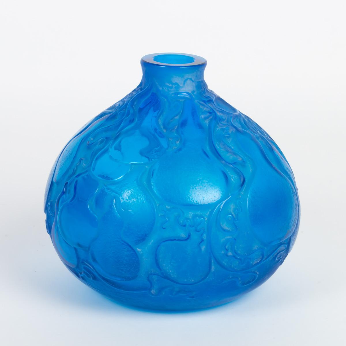 French 1914 René Lalique Courges Vase Electric Blue Glass Gourds