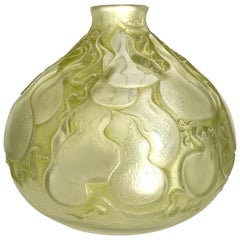 1914 René Lalique Courges Vase Frosted Glass Lime Green Patina, Gourds Design