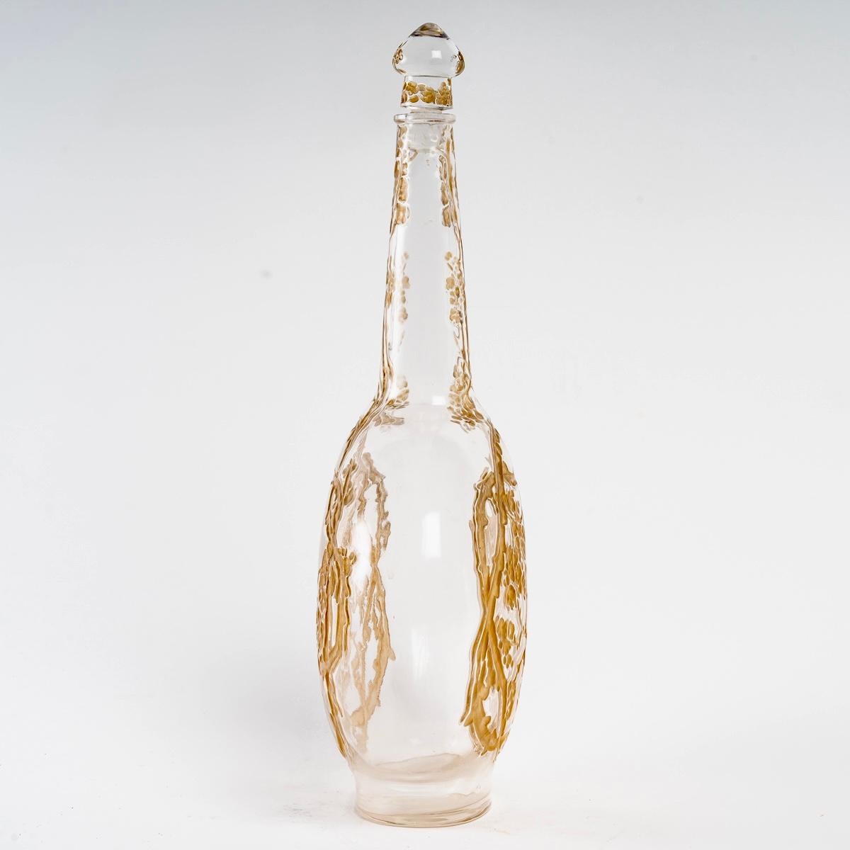 Molded 1914 René Lalique, Decanter Aubepines Clear Glass with Sepia Patina