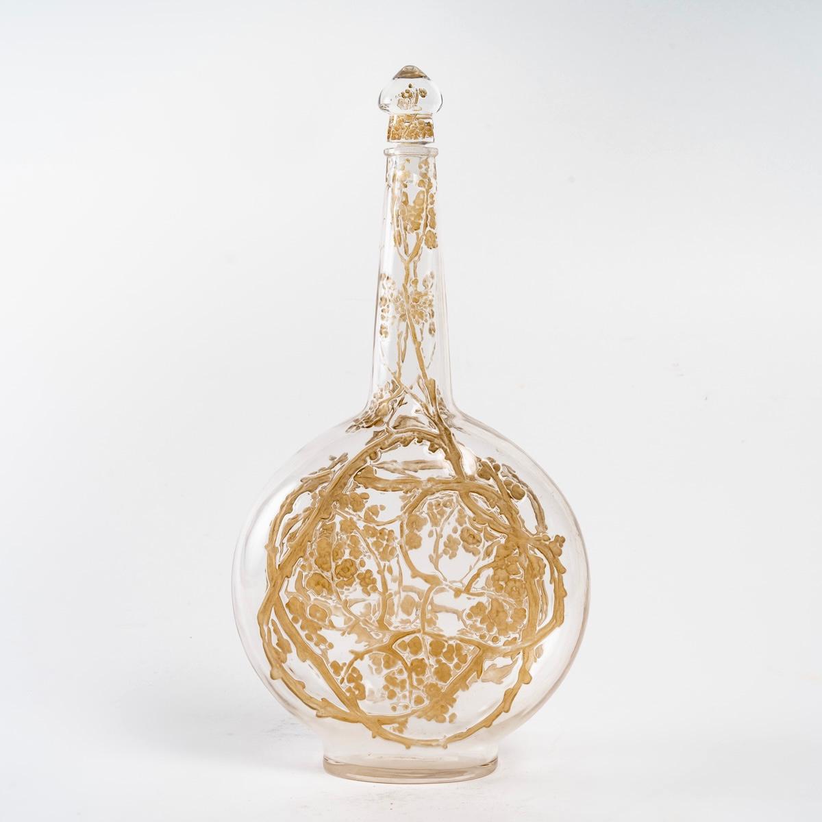 1914 René Lalique, Decanter Aubepines Clear Glass with Sepia Patina