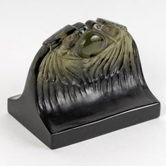 1914 René Lalique, Paperweight Deux Aigles Topaz Grey Glass Eagles