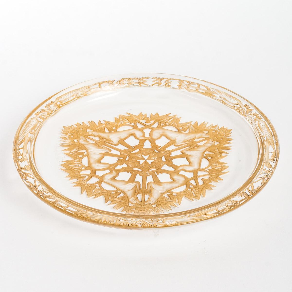 Molded 1914 René Lalique Plate Chasse Chiens Clear and Frosted Glass with Sepia Patina