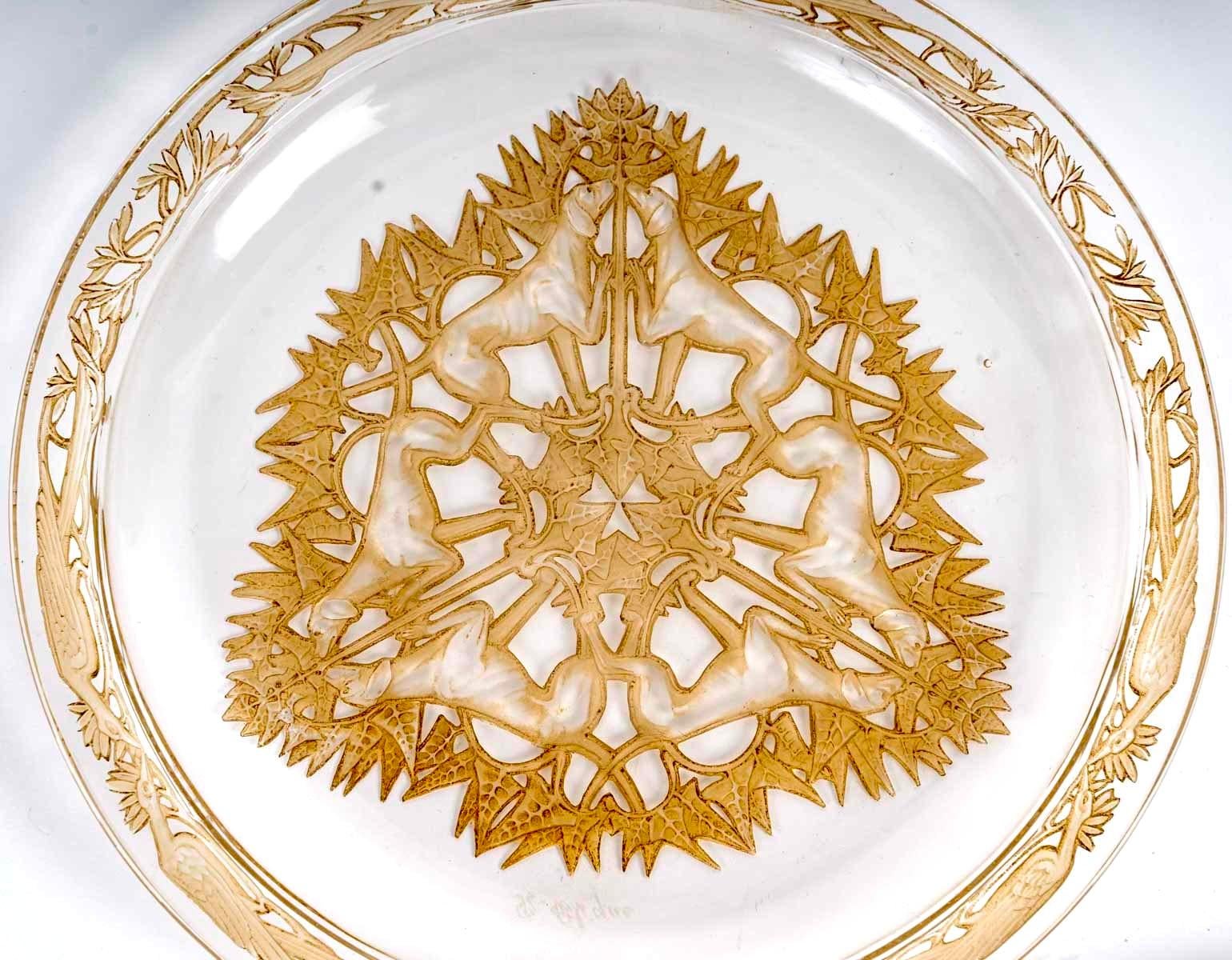 Art déco 1914 René Lalique Set of 4 Four Dishes Chasse Chiens Glass Sepia Patina en vente