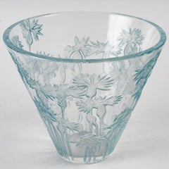 1914 René Lalique, Vase Bluets Clear Glass with Blue Patina