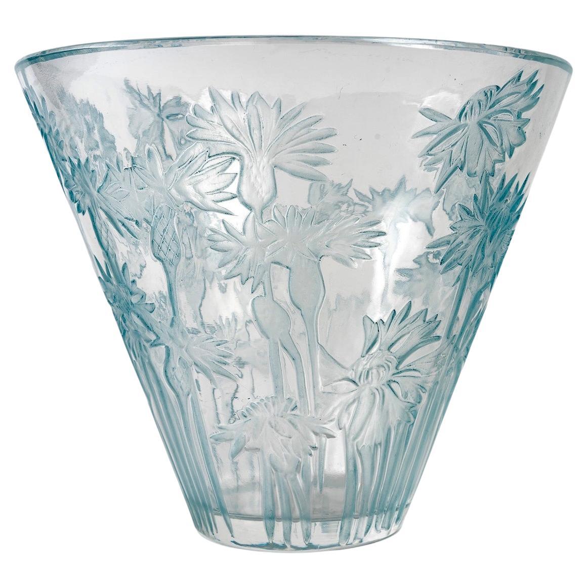 1914 René Lalique, Vase Bluets Clear Glass with Blue Patina