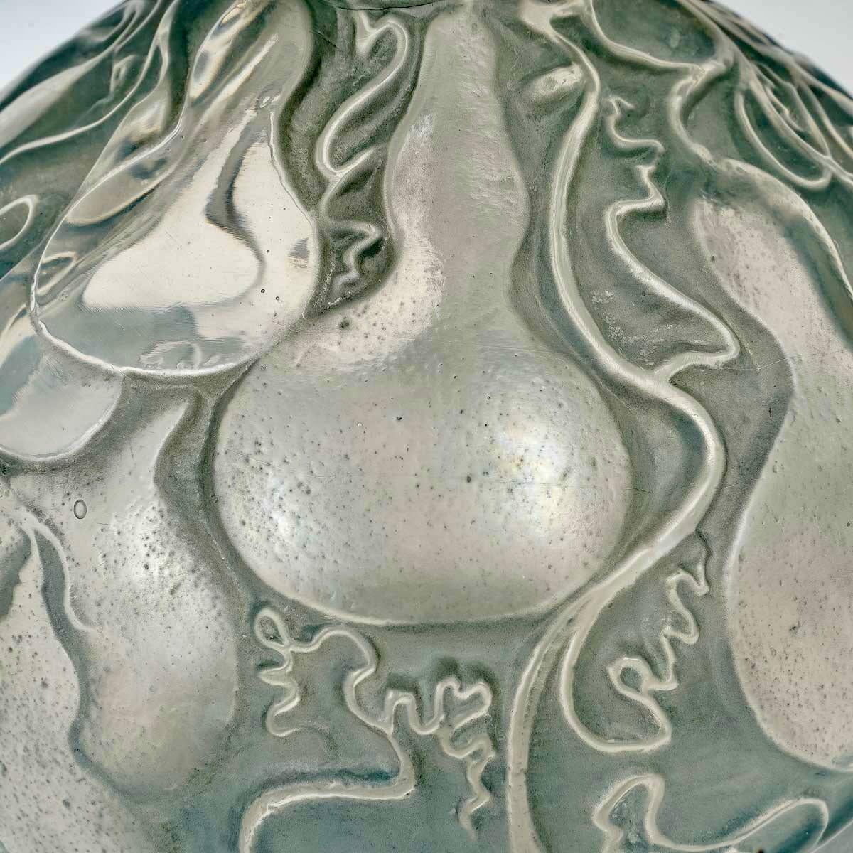 Art Deco 1914 René Lalique, Vase Courges Frosted Glass with Blue Grey Patina