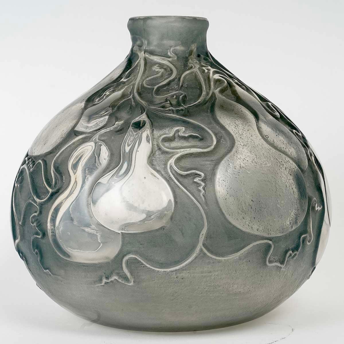 Molded 1914 René Lalique, Vase Courges Frosted Glass with Blue Grey Patina