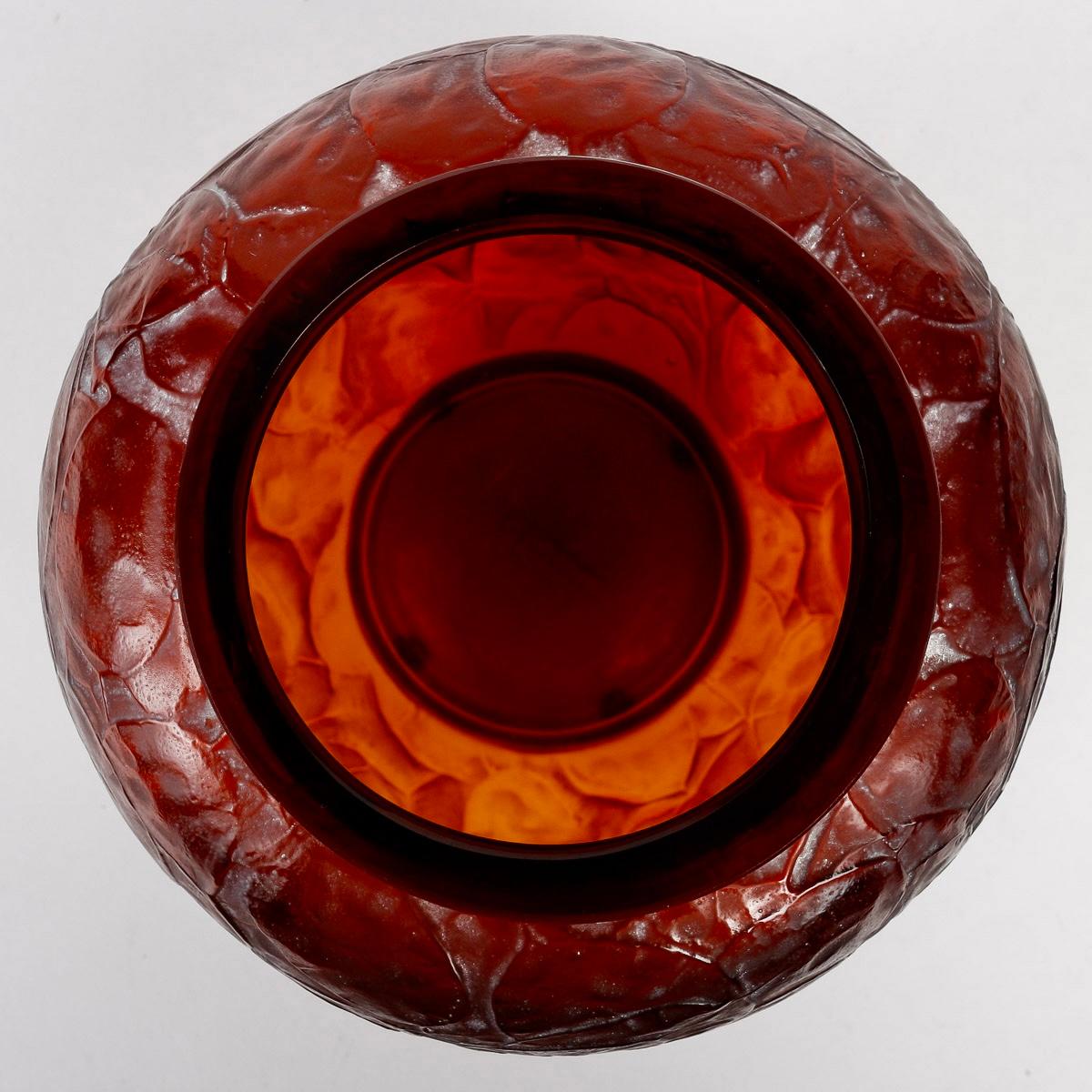 French 1914 René Lalique Vase Monnaie du Pape Amber Glass with White Patina