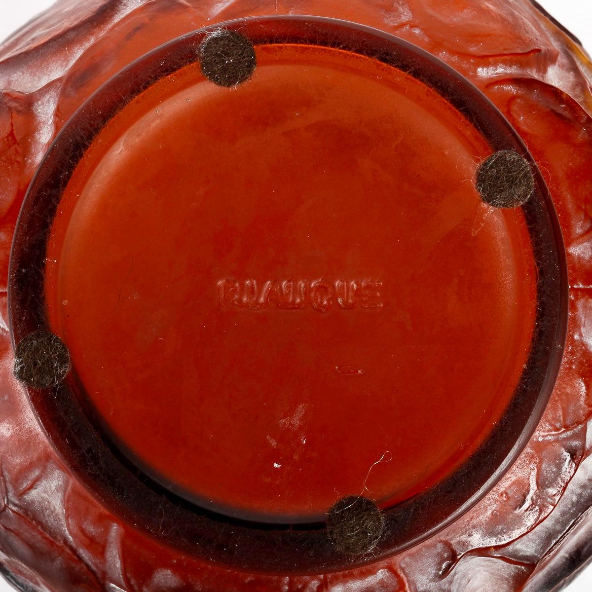 Molded 1914 René Lalique Vase Monnaie du Pape Amber Glass with White Patina