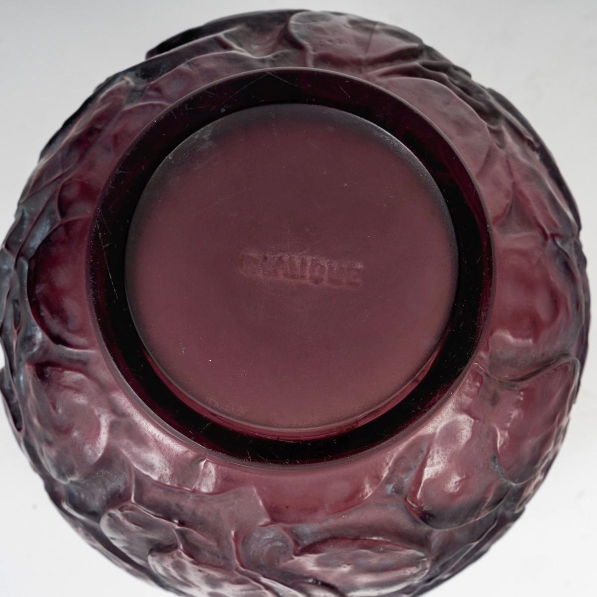 French 1914 René Lalique Vase Monnaie du Pape Amethyst Plum Glass with Grey Patina