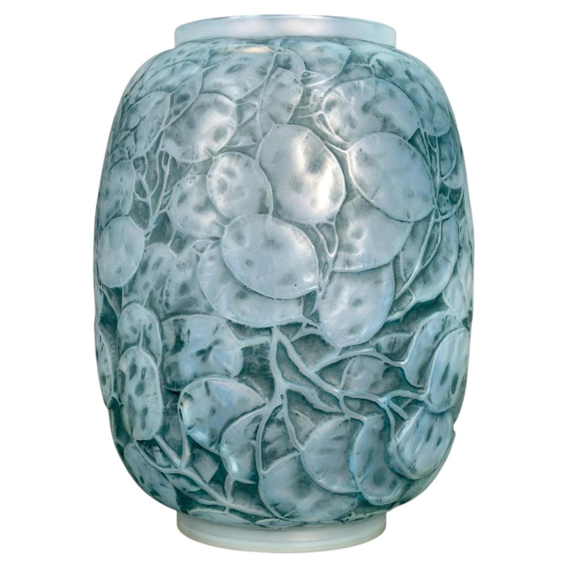 1914 René Lalique Vase Monnaie du Pape Cased Opalescent Glass Blue Patina