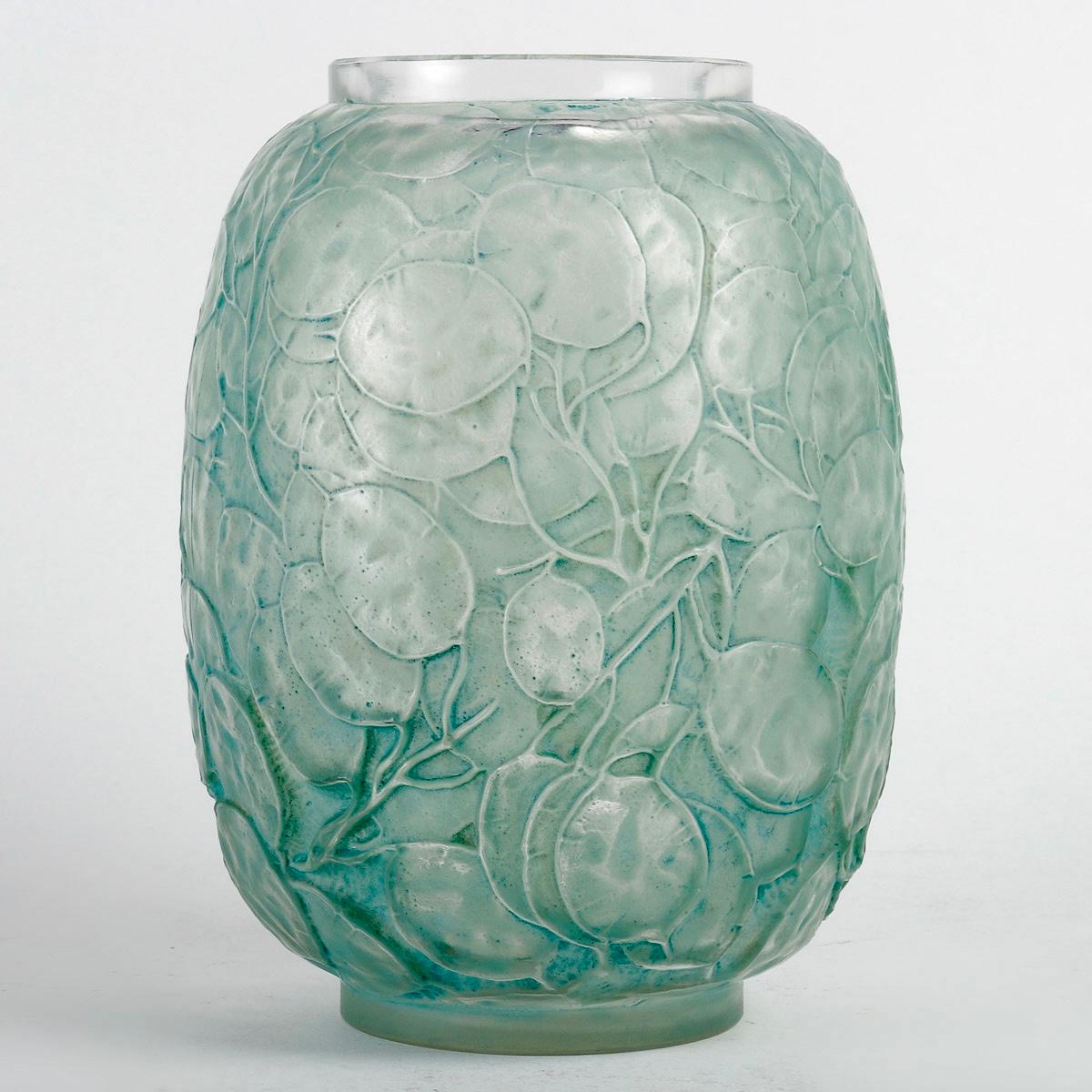 French 1914 René Lalique Vase Monnaie du Pape Frosted Glass with Green Patina