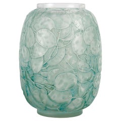 1914 René Lalique Vase Monnaie du Pape Frosted Glass with Green Patina