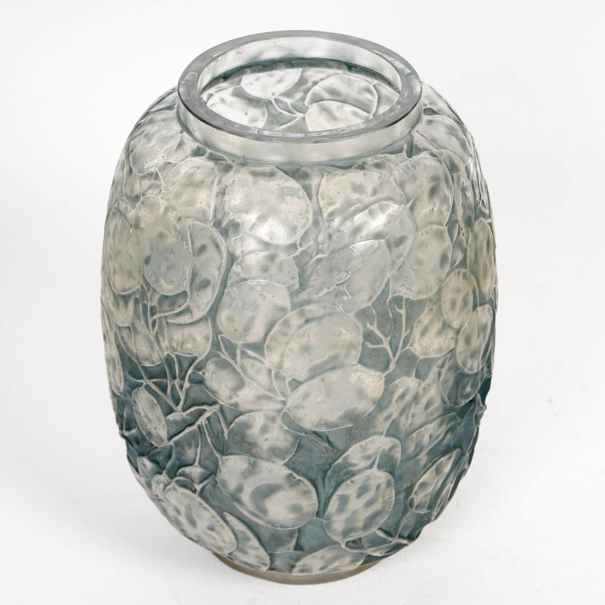 French 1914 René Lalique - Vase Monnaie du Pape Glass with Blue Patina