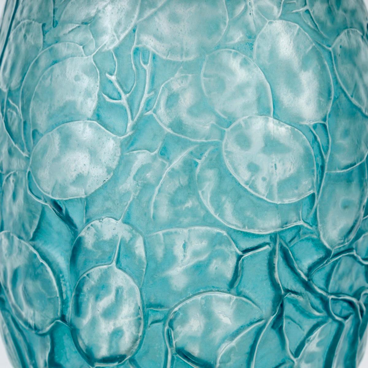 Art Deco 1914 René Lalique Vase Monnaie du Pape Glass with Turquoise Blue Patina