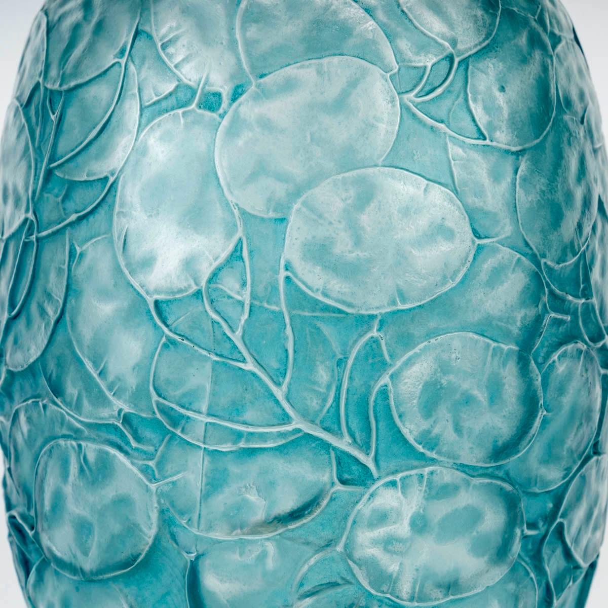 French 1914 René Lalique Vase Monnaie du Pape Glass with Turquoise Blue Patina