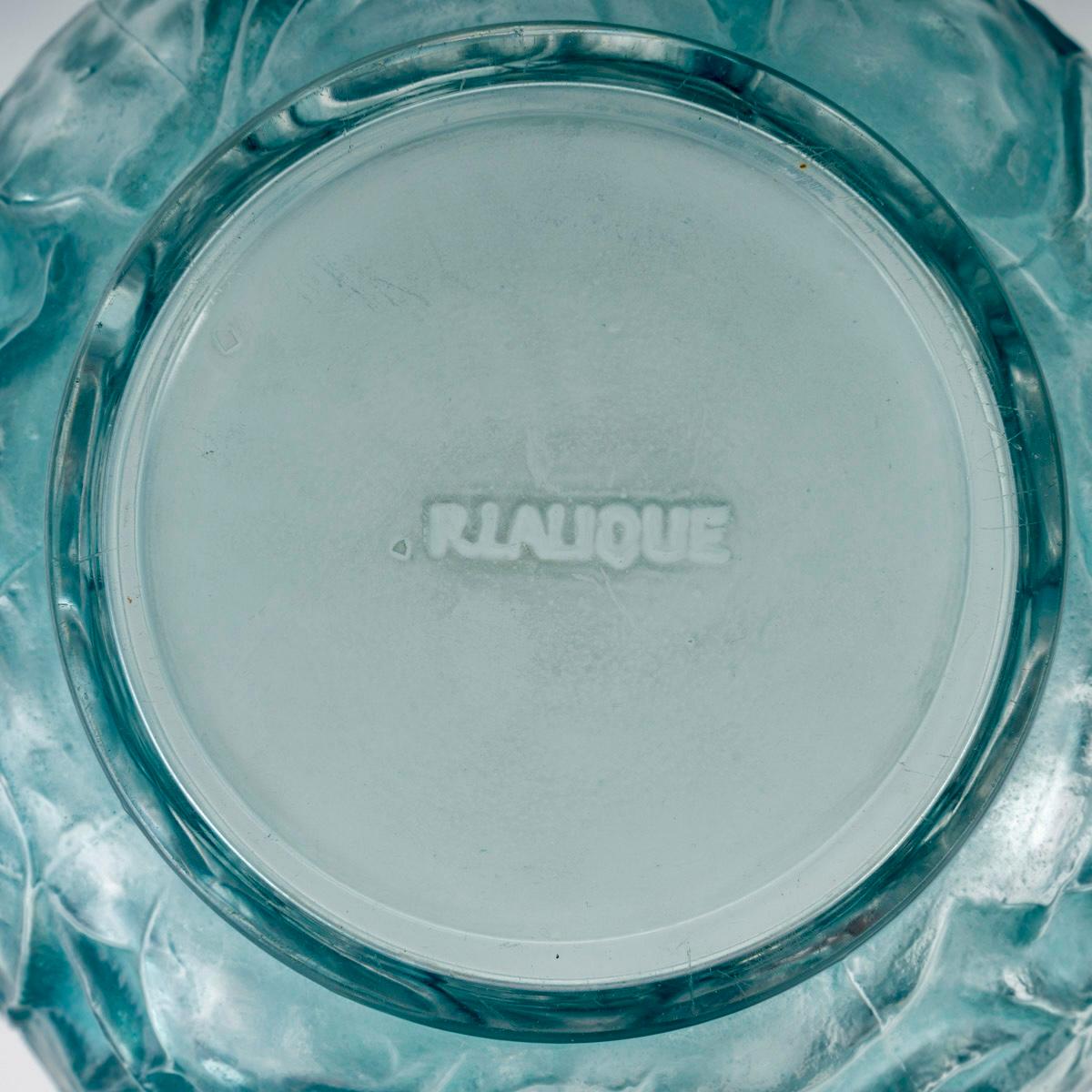 Molded 1914 René Lalique Vase Monnaie du Pape Glass with Turquoise Blue Patina