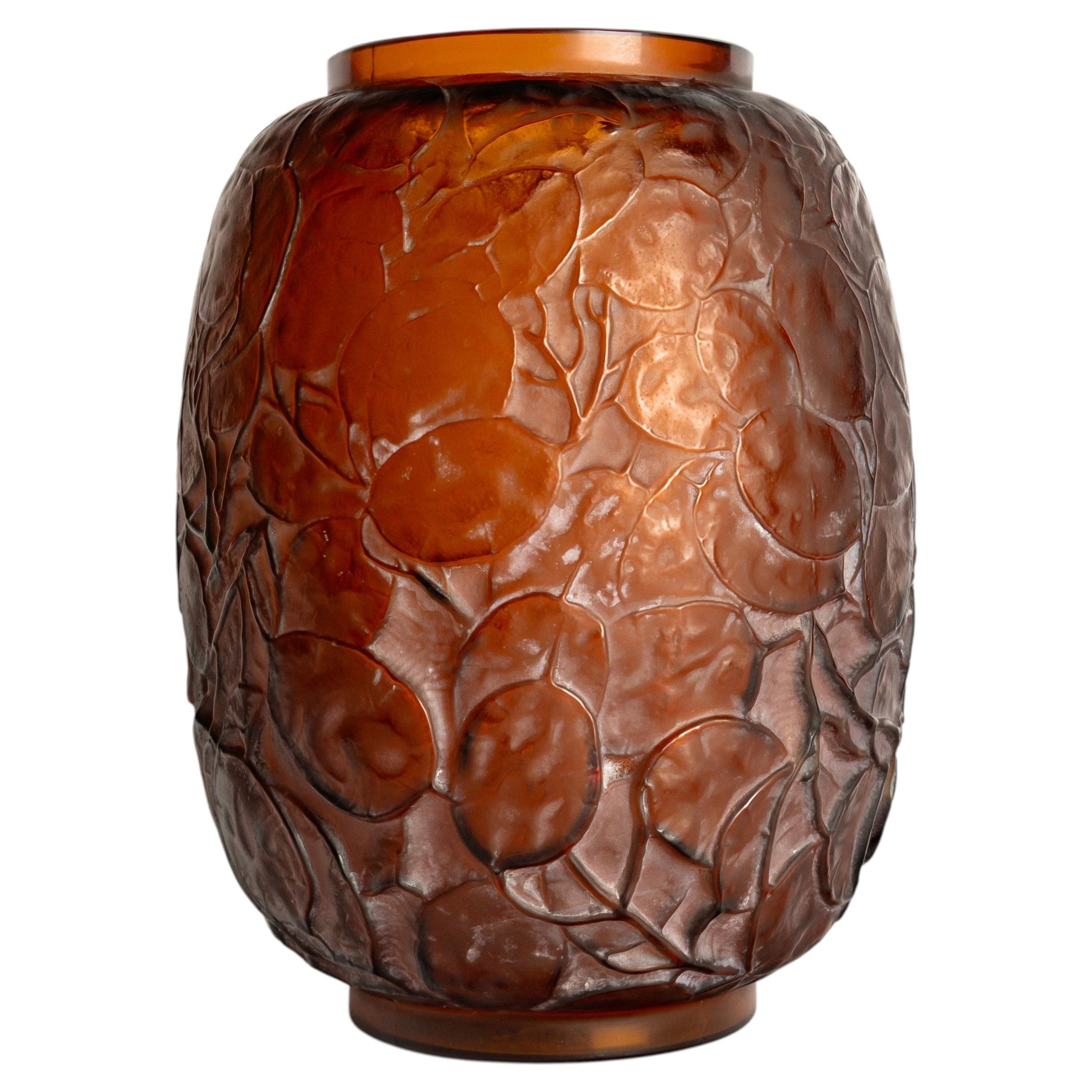 1914 René Lalique Vase Monnaie du Pape Red Amber Glass with White Patina