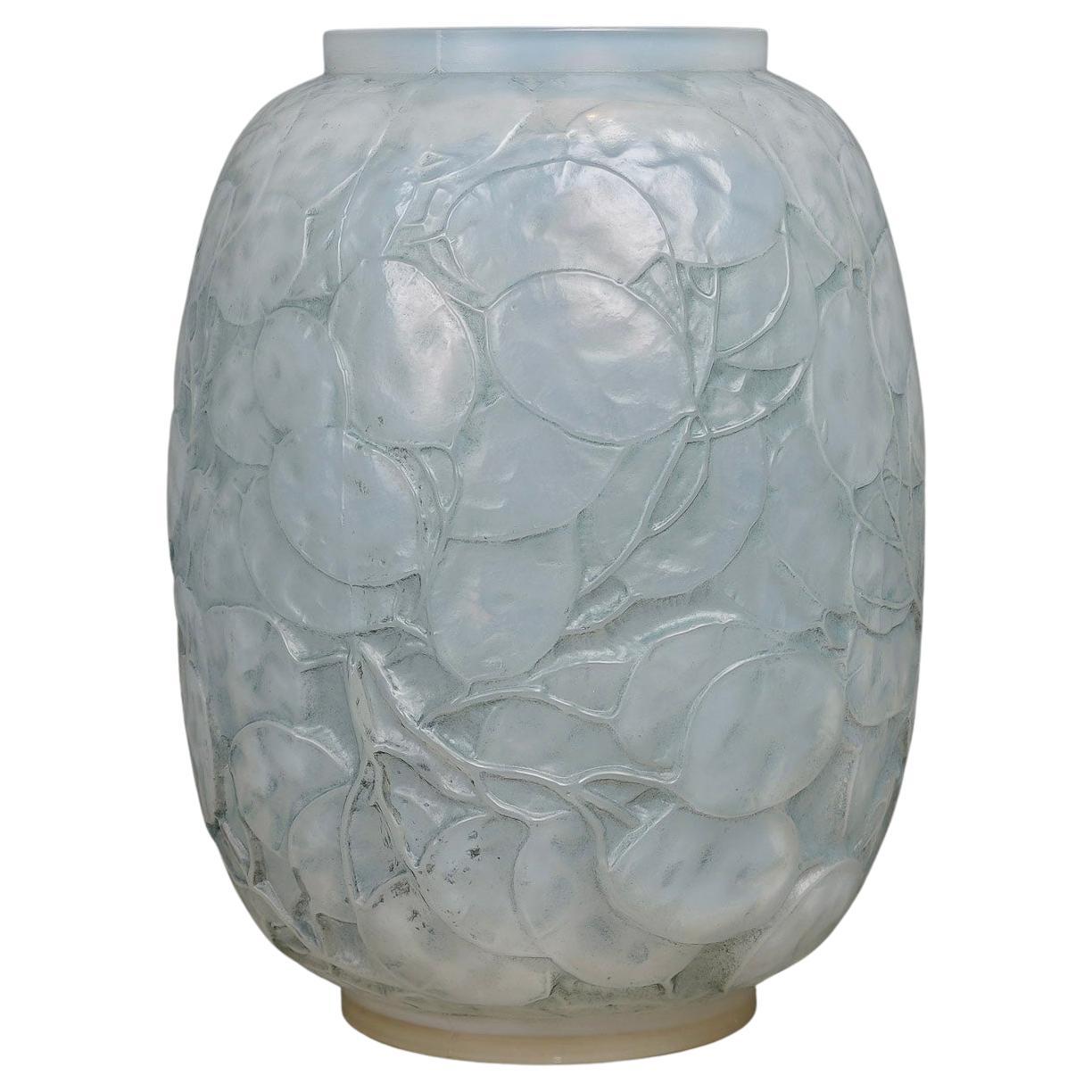 1914 René Lalique Vase Monnaie du Pape Triple Cased Opalescent Glass Blue Patina