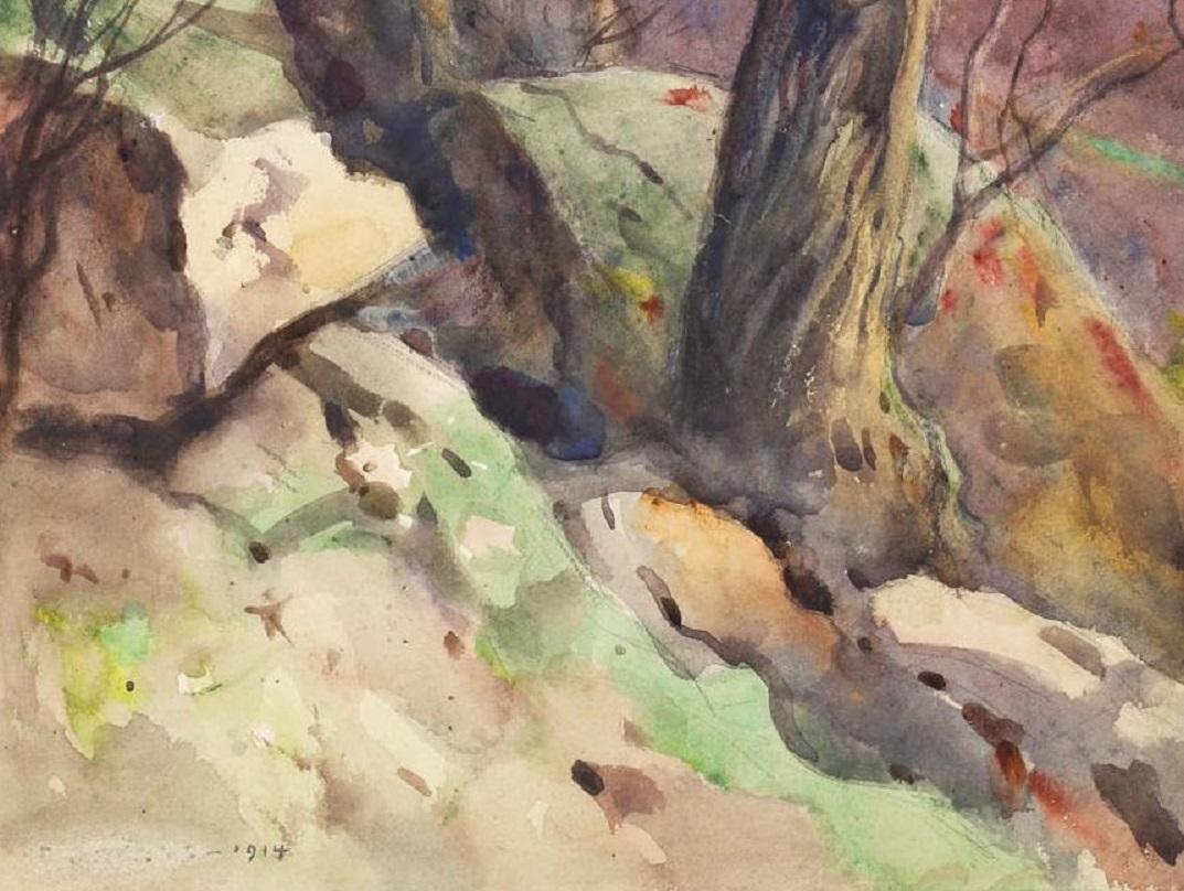 Watercolor on paper by Egbert Cadmus (American, 1868-1939, Connecticut, New Jersey) of a rocky hillside with farmhouse in background. An accomplished watercolorist, best known as the father of artist Paul Cadmus. Signed faintly and dated lower left,