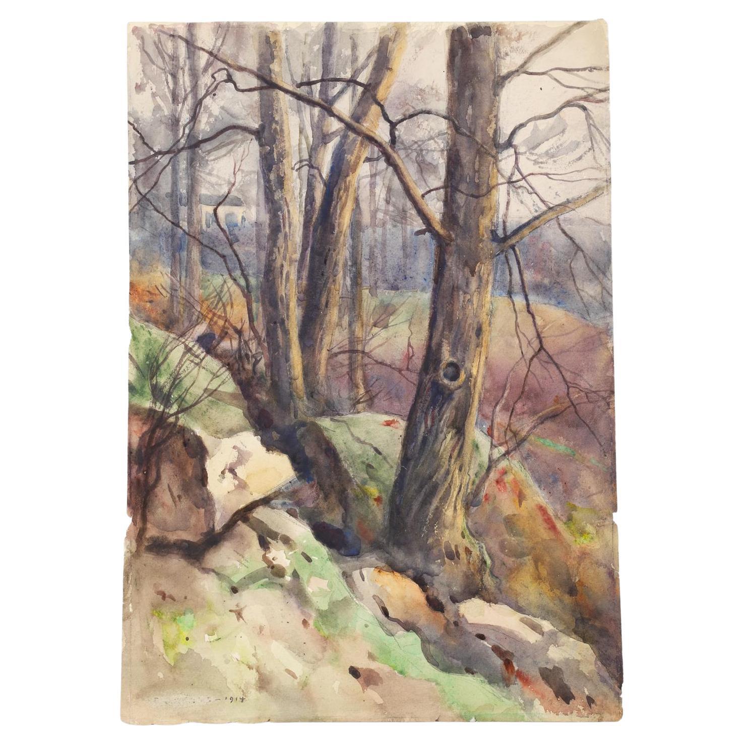 1914 Rocky Hillside Landscape Egbert Cadmus Watercolor Painting For Sale