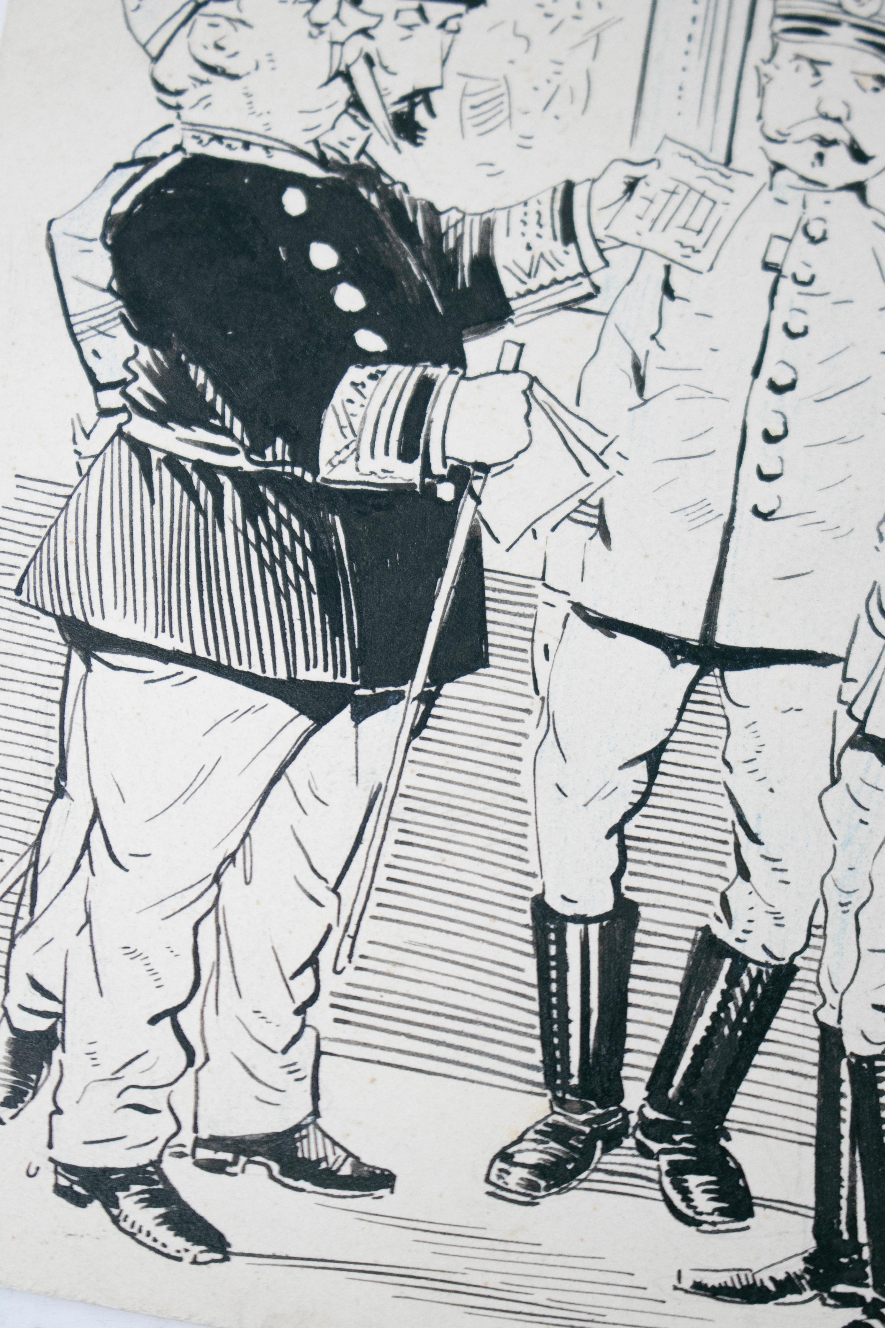 1914 Signierte Karikaturzeichnung von europäischen Armeegenerälen (Handbemalt) im Angebot