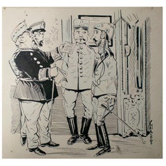 dessin caricatural signé de 1914 représentant des généraux d'armée européens