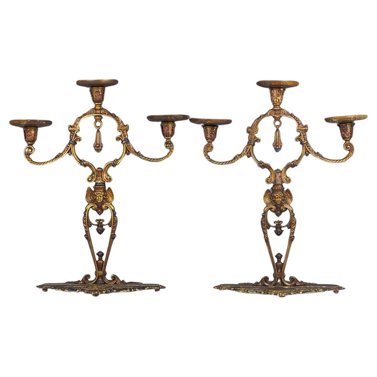 1914 The Edward N Riddle Co. Pareja de Candelabros Estofados Policromados