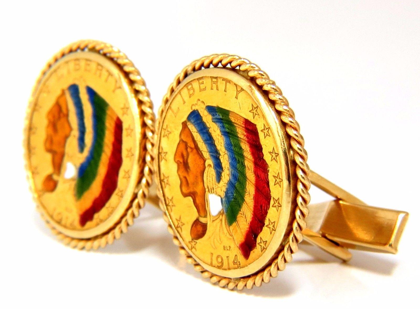 Original Statement.

(2) 1914 BLP Fine Liberty gold coins.

Colored in enamel finish,

18kt. gold frame casing & 14kt french cufflink.

Gorgeous rope / barley twist frame.

27.7 grams 

durable and solid
