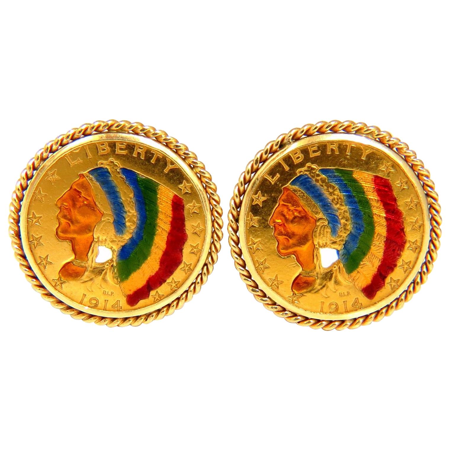 1914 'Two' BLP US Liberty Gold Coin Cufflinks Enamel Detail Rope Twist For Sale