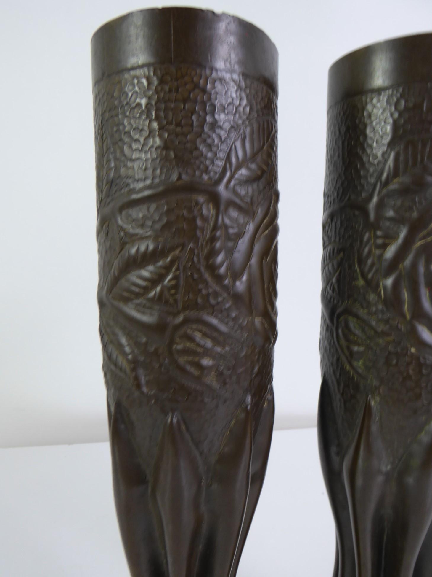 1914 World War I Soldier Trench Art Artillery Shell Casing Vases Floral Decor In Good Condition In Miami, FL