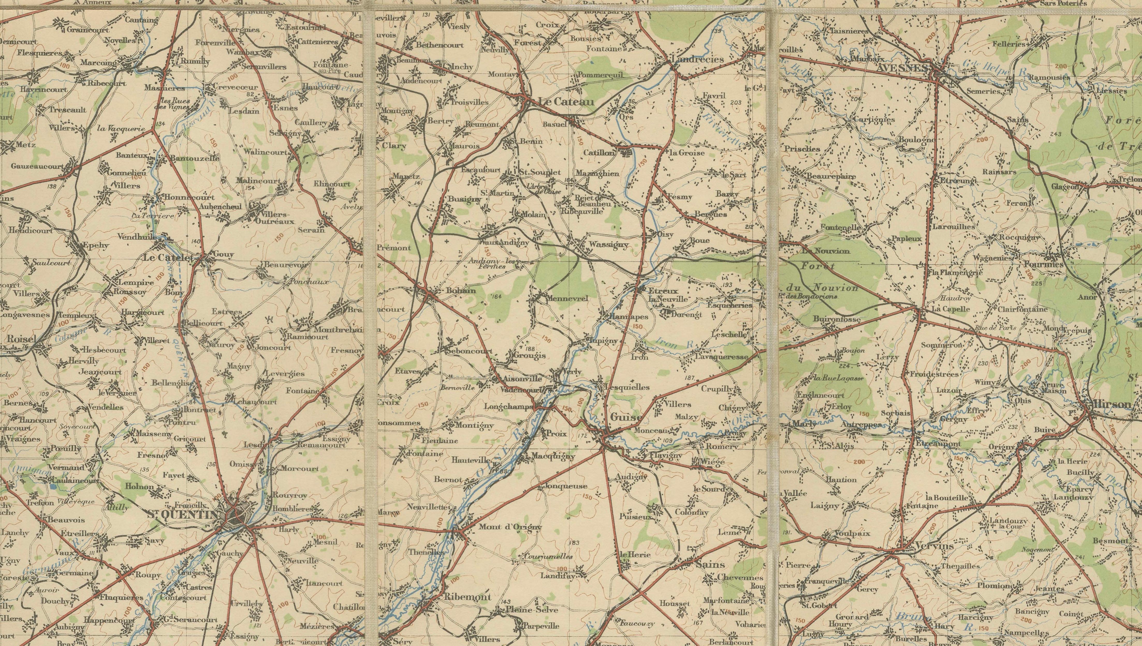 1914 WWI British War Office Map of Arras, Amiens and Reims, Edward Stanford