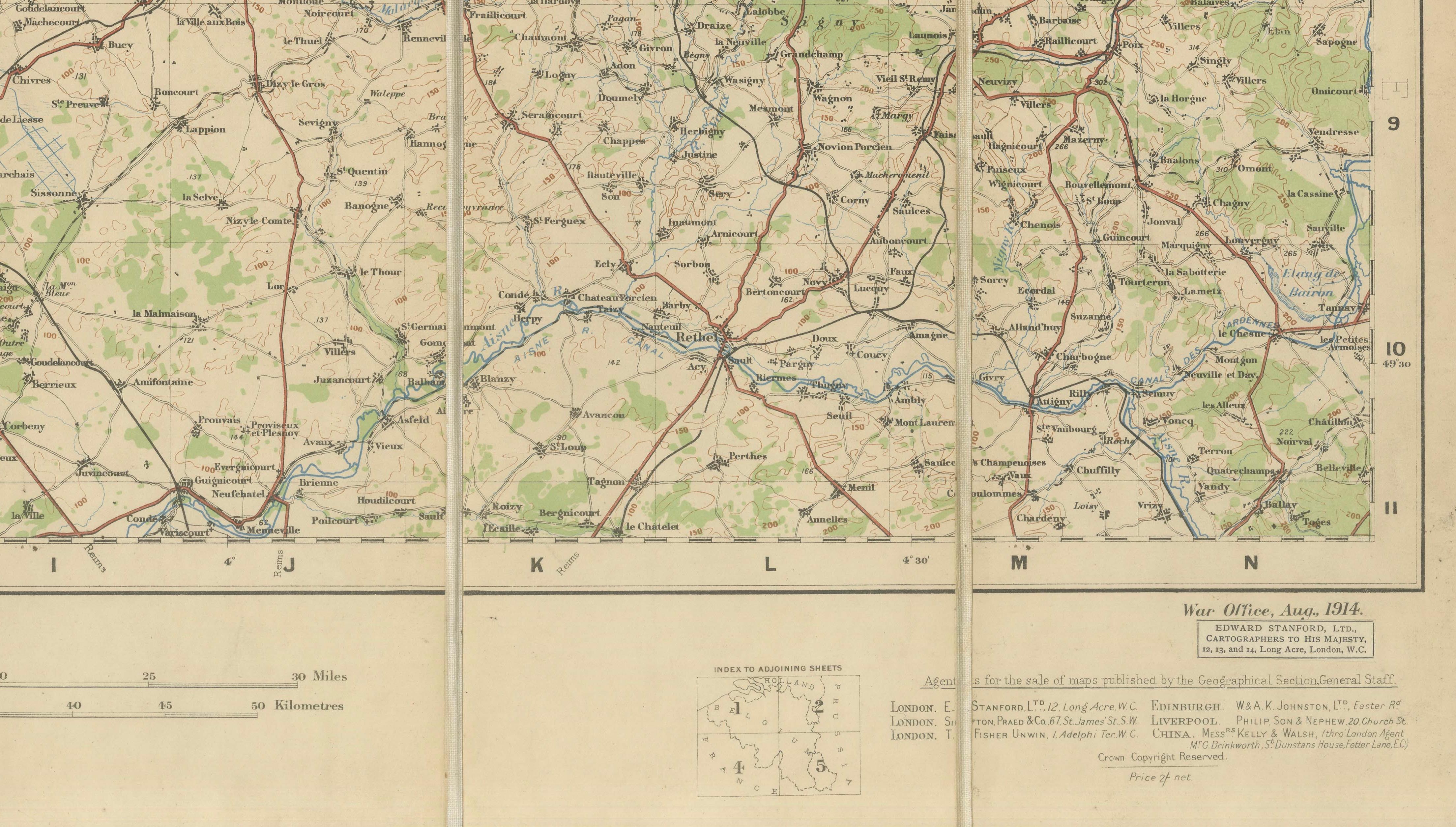 1914 WWI British War Office Map of Arras, Amiens and Reims, Edward Stanford