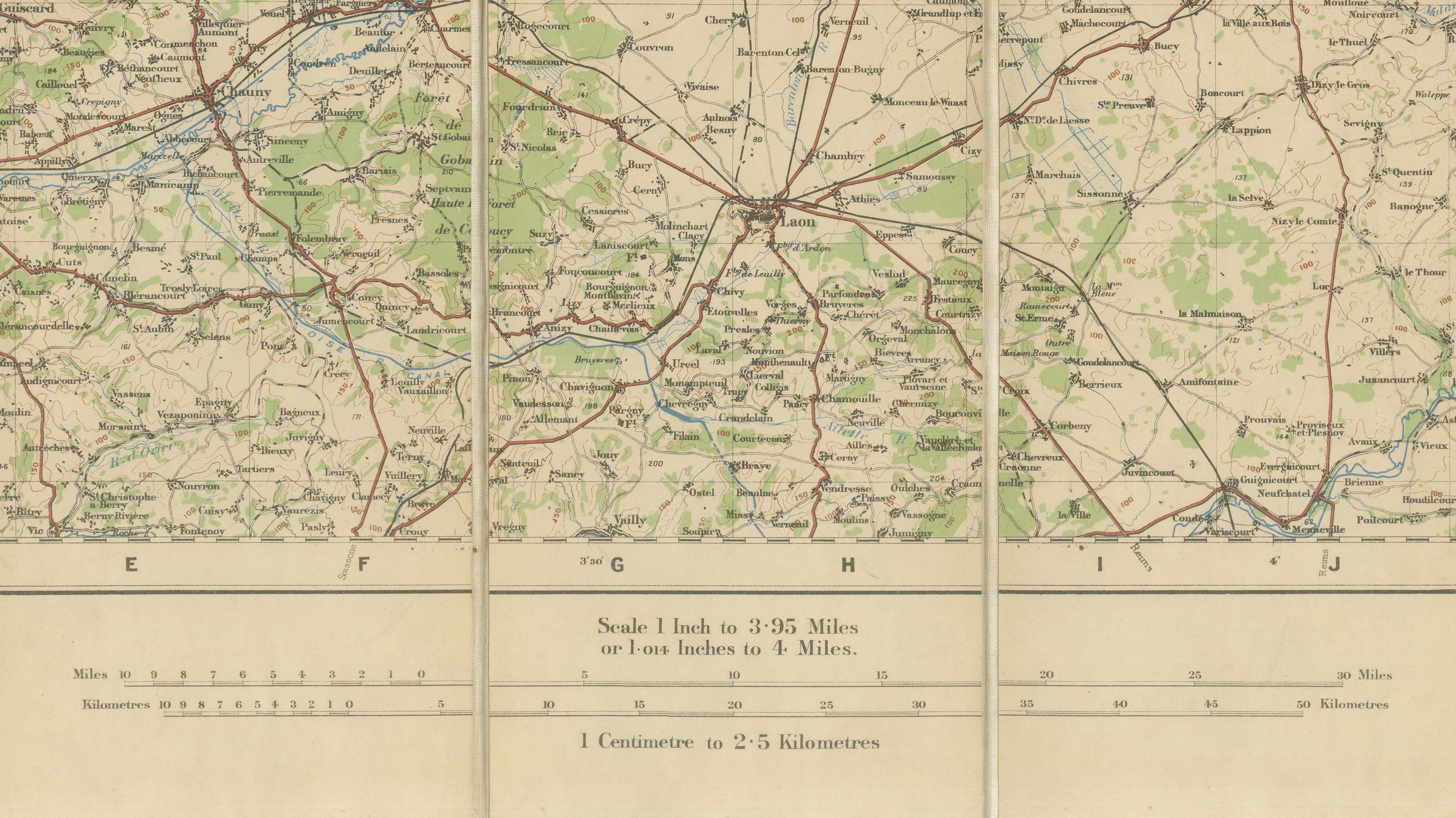 1914 WWI British War Office Map of Arras, Amiens and Reims, Edward Stanford