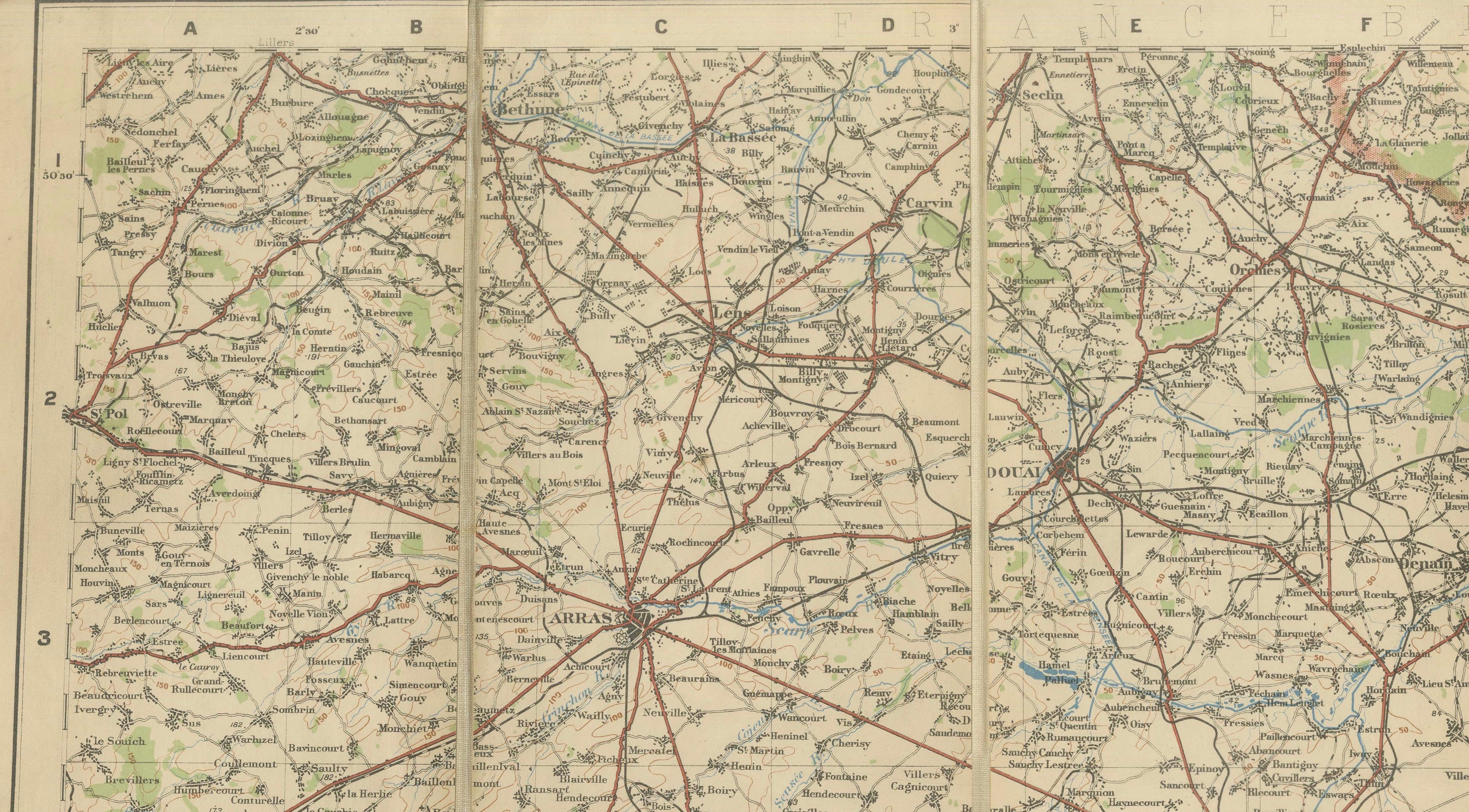 1914 WWI British War Office Map of Arras, Amiens and Reims, Edward Stanford