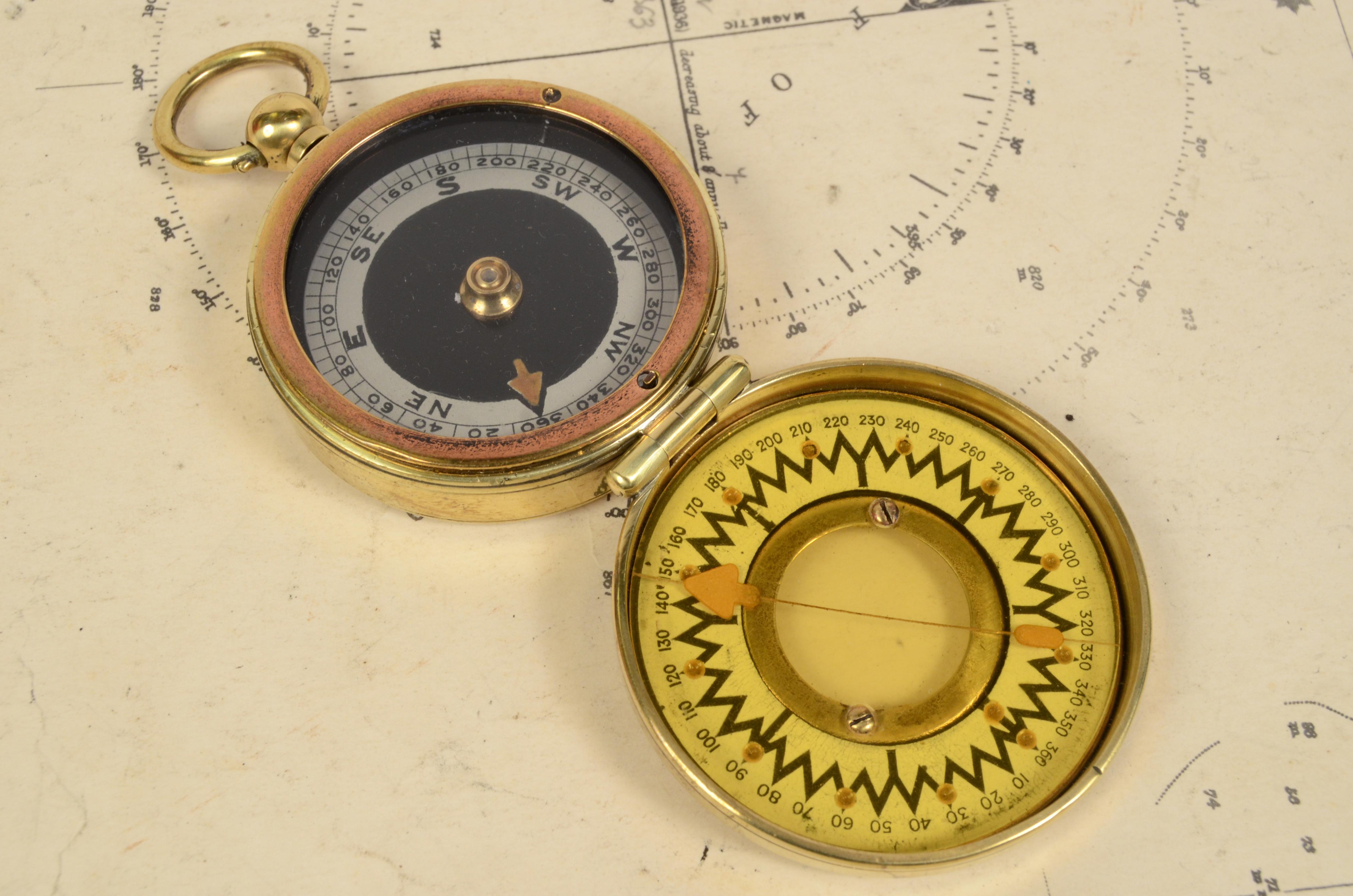 British 1914 Brass Survey Nautical Pocket Compass Signed Magnapole by Negretti & Zambra