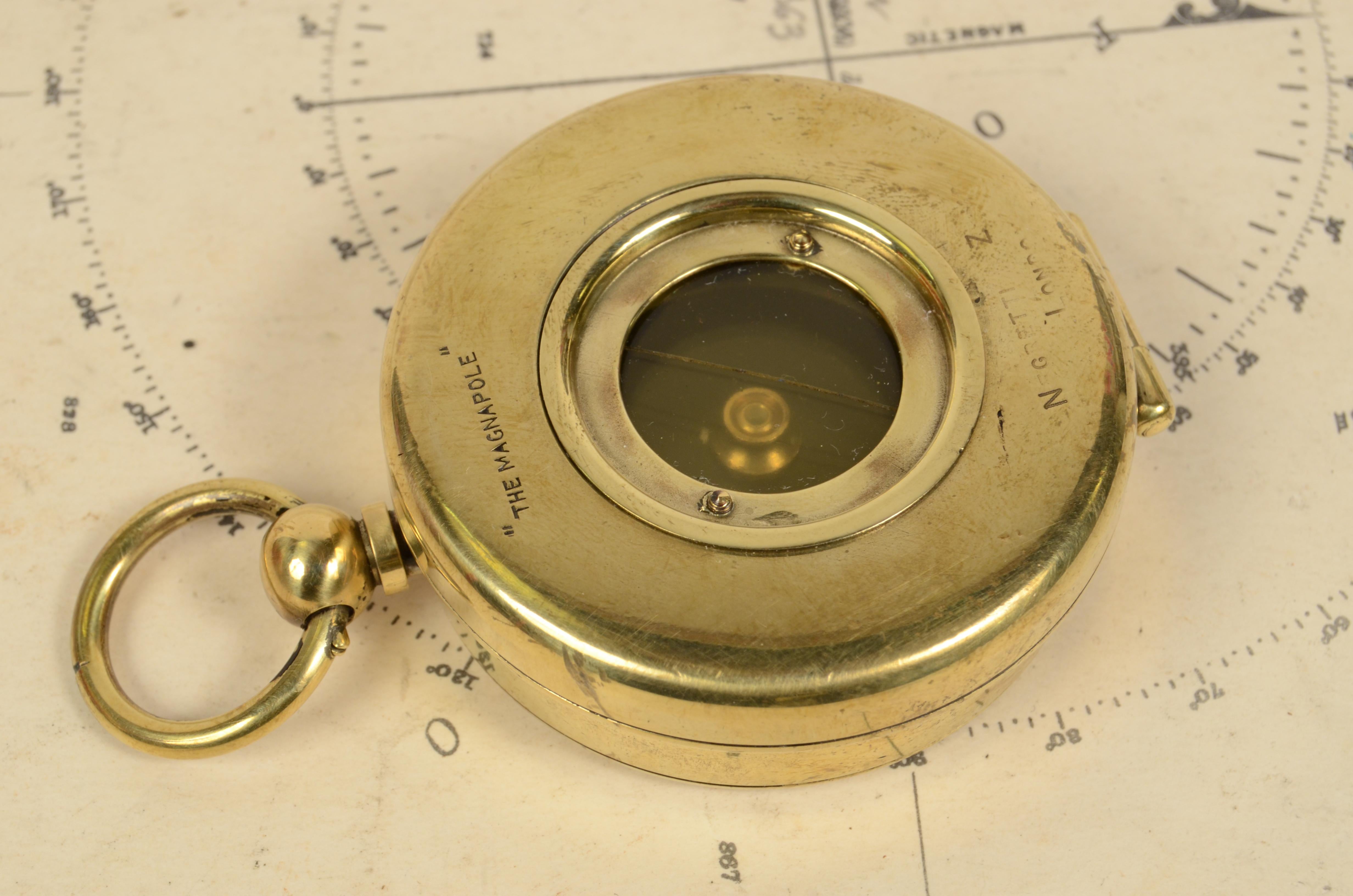 Early 20th Century 1914 Brass Survey Nautical Pocket Compass Signed Magnapole by Negretti & Zambra