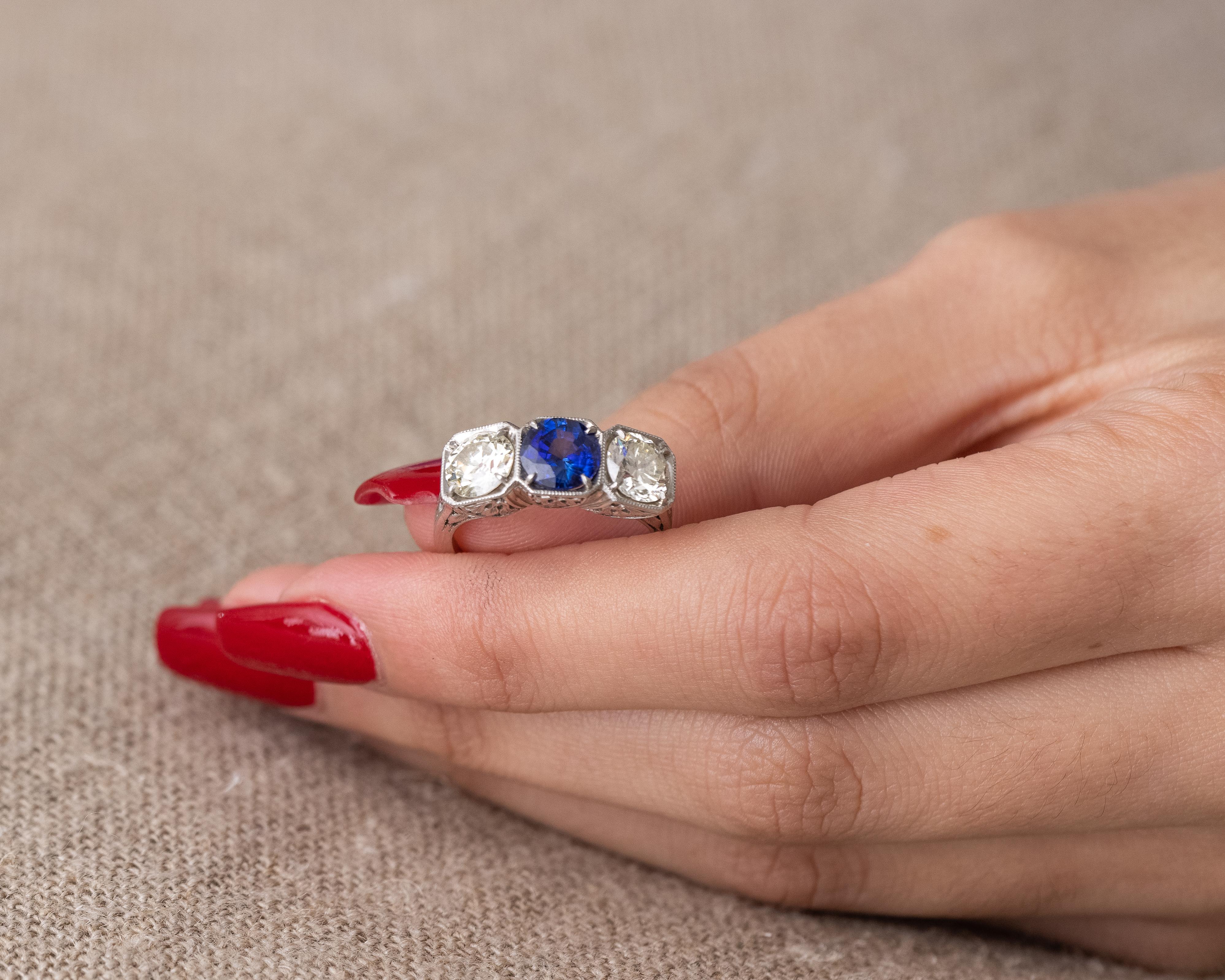 Women's or Men's 1915 1.14 Carat Sapphire and 2 Carat Total Diamond Platinum Ring For Sale