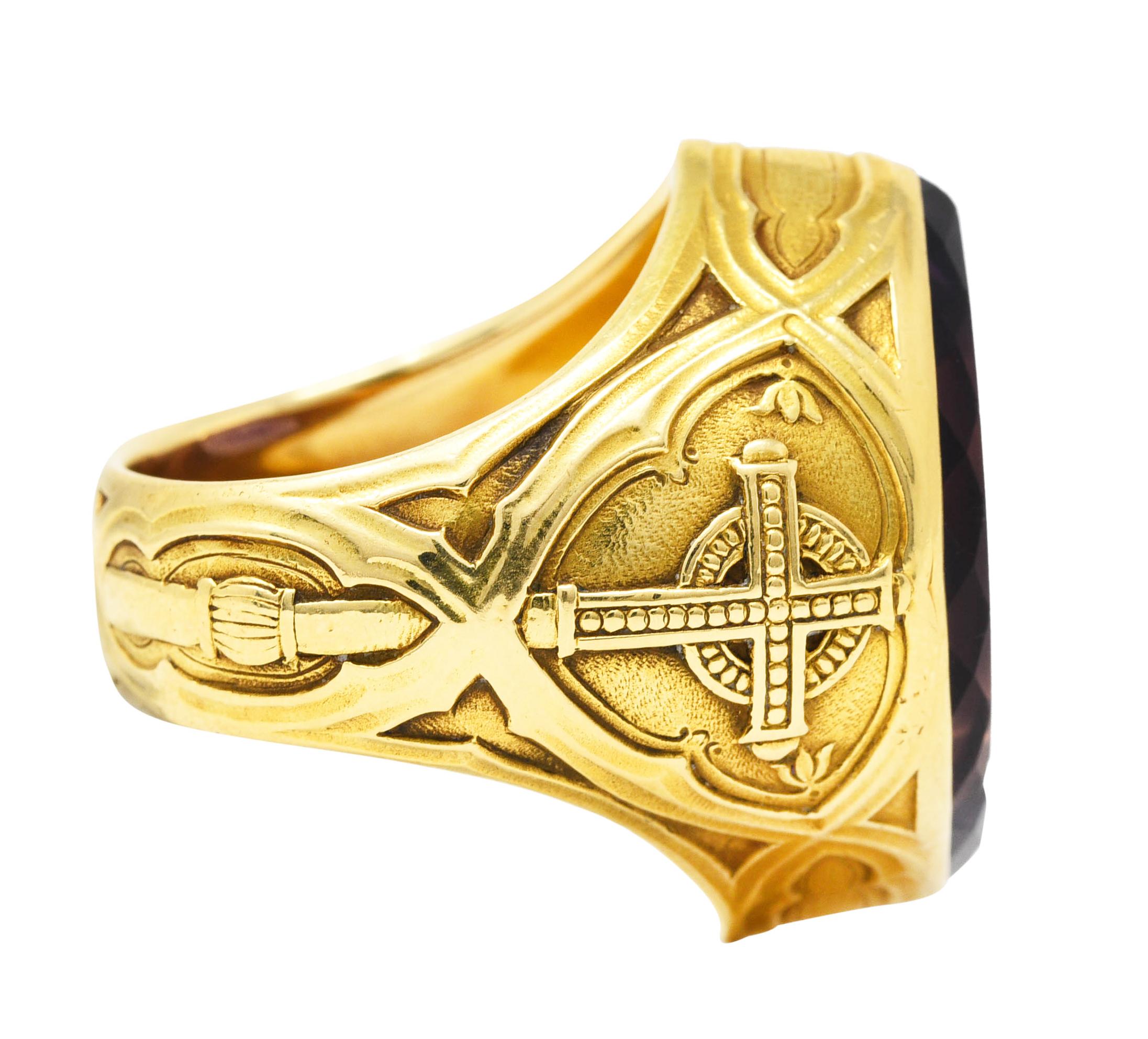 Art Deco 1915 Amethyst 18 Karat Yellow Gold Intaglio Ecclesiastical Antique Bishop's Ring